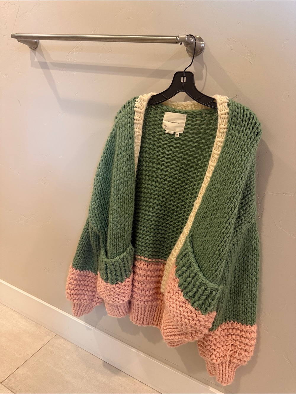 Anthropologie Chunky Knit Open Cardigan - Green & Pink
